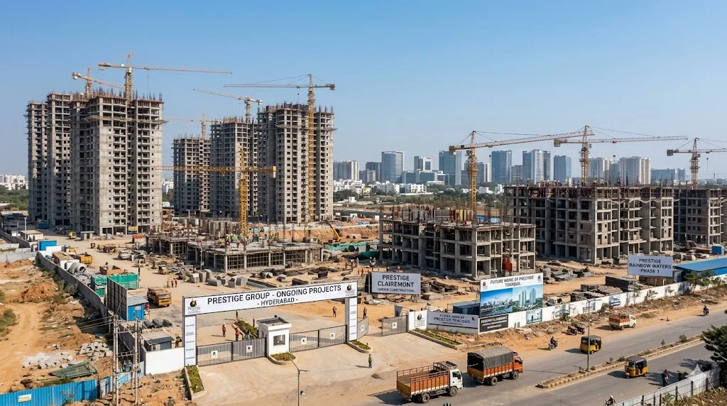 Ongoing structural development at a premium Prestige Group residential construction site in Hyderabad.